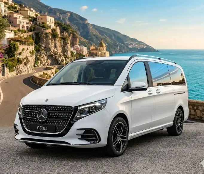 Luxury Mercedes V-Class 7-seater van parked on the Amalfi Coast road